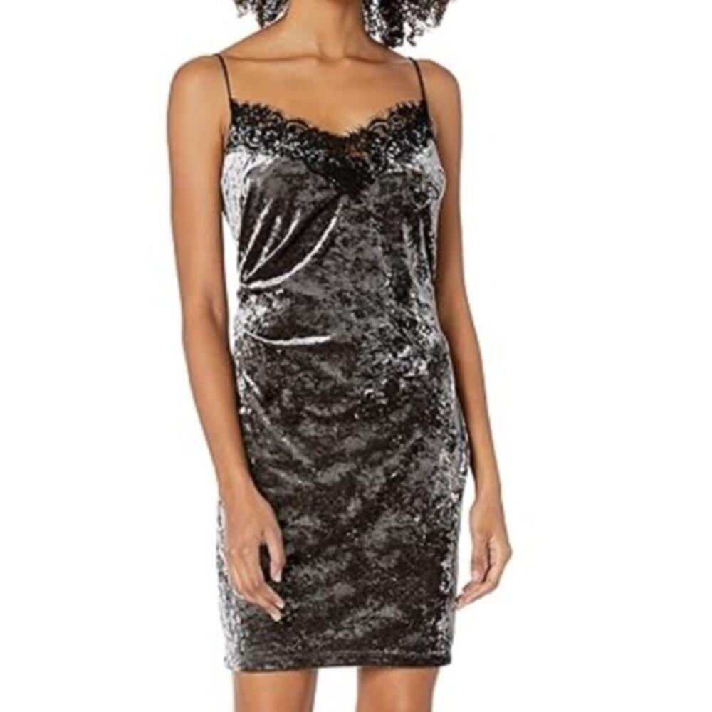 Allen Schwartz Crushed Velvet Lace Slip Dress Lined Gray Size S NWT ABS Mini